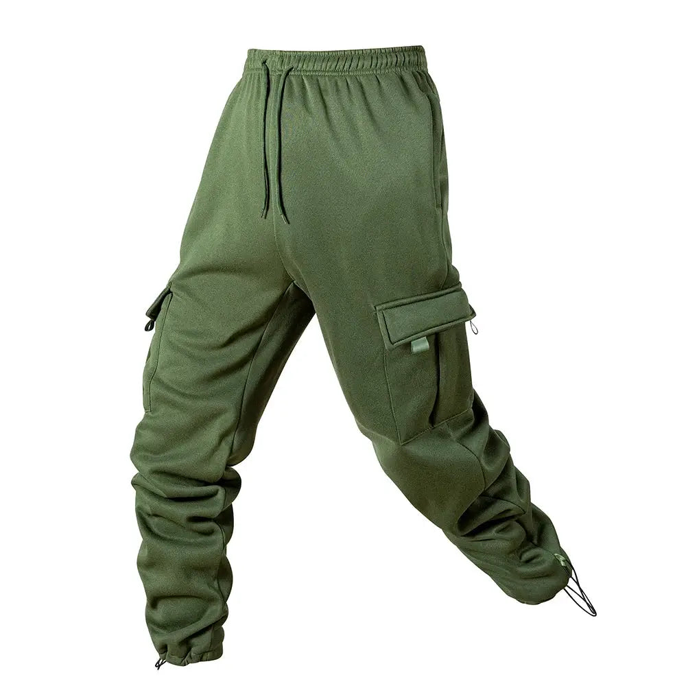 Men's olive green cargo joggers with drawstring waist, multiple pockets, and adjustable ankle cords