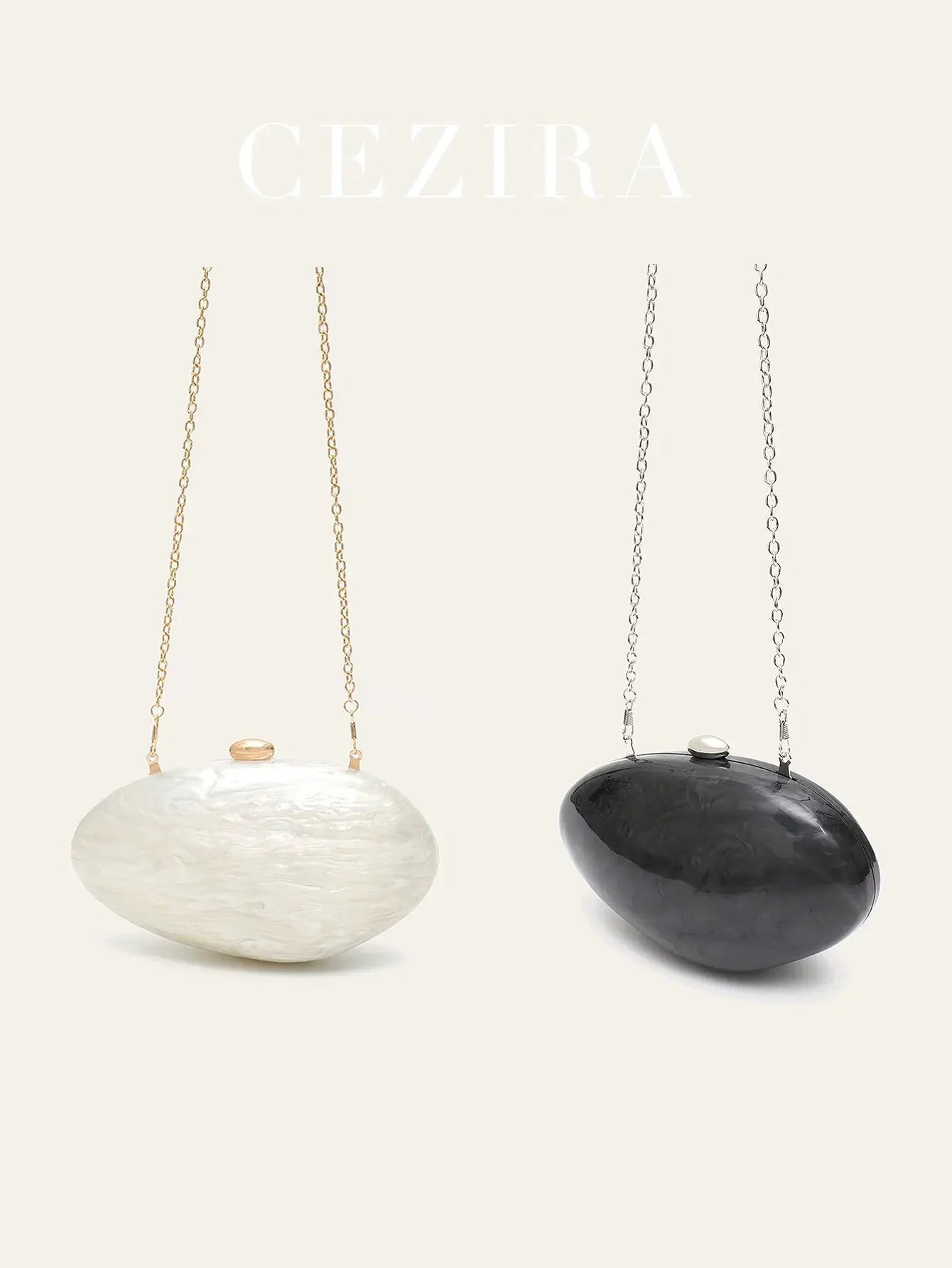 Pair of shell-shaped acrylic clutch bags with long gold and silver chains in white and black, CEZIRA.