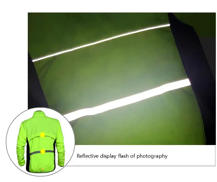 WOSAWE men's neon green windproof water-repellent cycling jacket with reflective stripes, long sleeve.