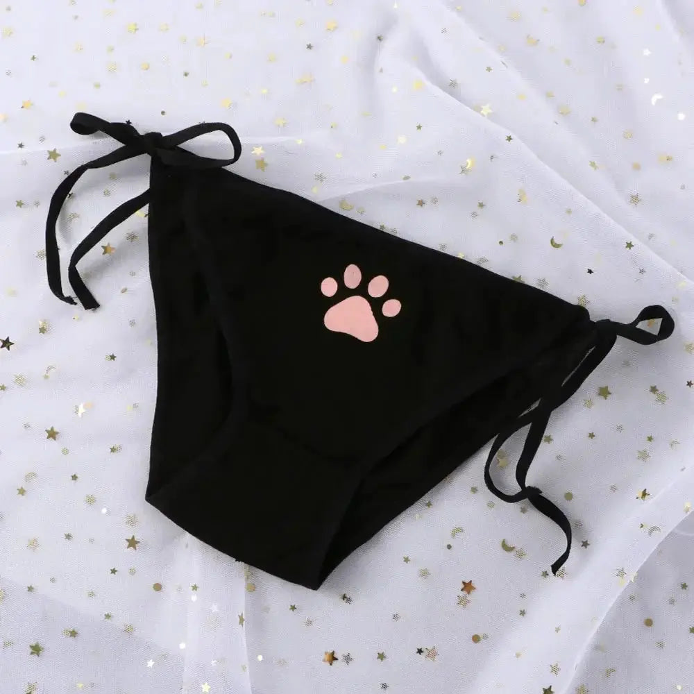 Panties black tie-side with pink paw print, low-waist bikini briefs for women