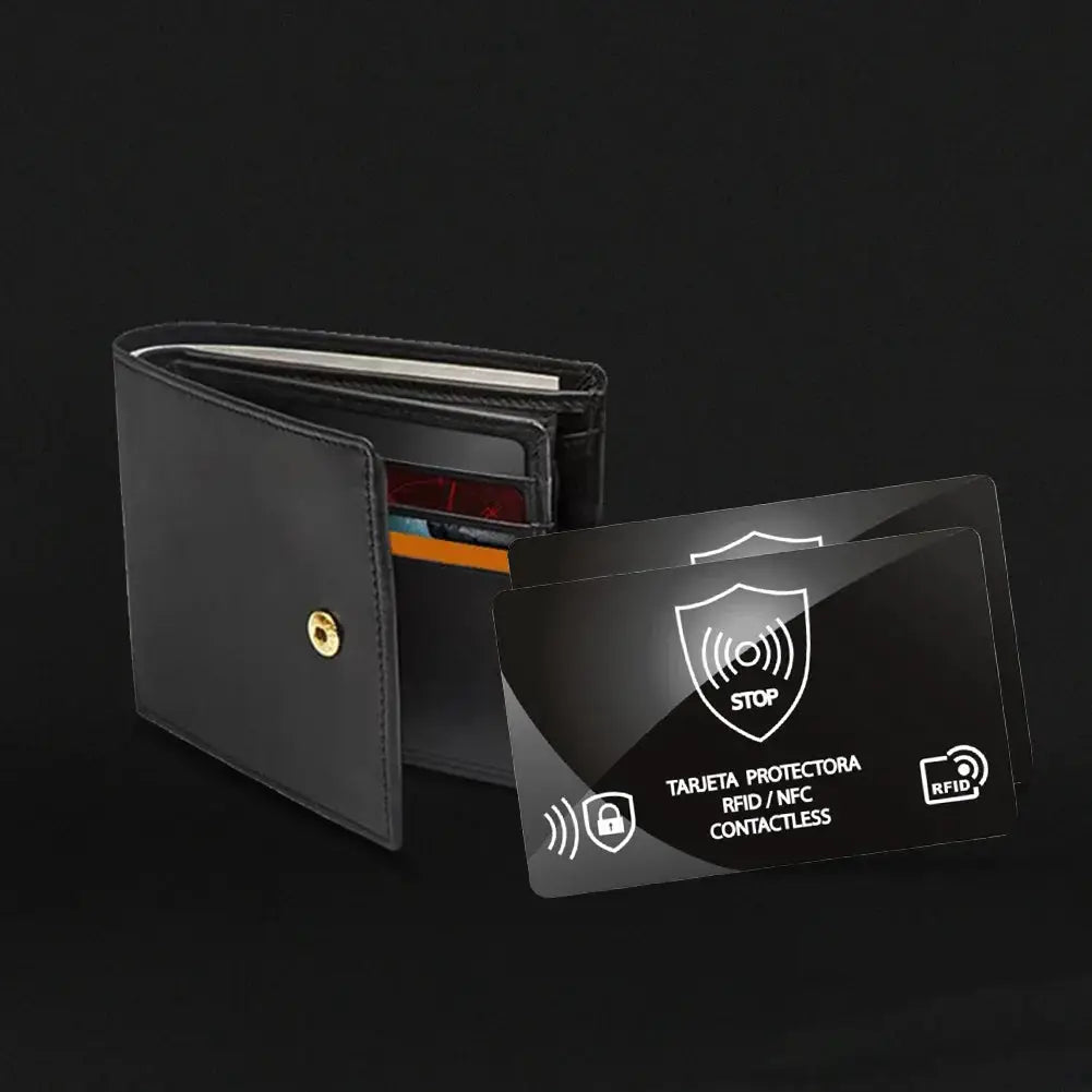 5-pack ultra-thin RFID blocking cards for debit, credit and passport protection, shown with a black wallet