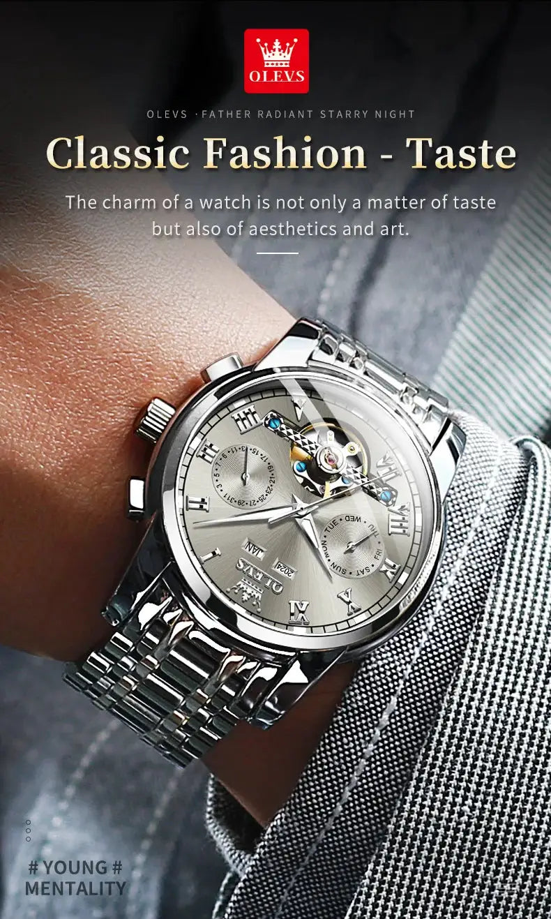 OLEVS 6607 automatic skeleton watch, stainless steel case and bracelet with dual calendar