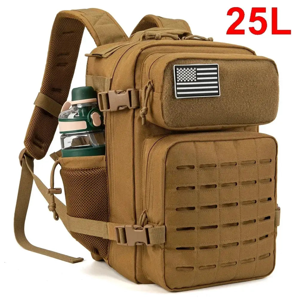 25L tactical backpack in tan with MOLLE front panel, water bottle pocket, and US flag patch.