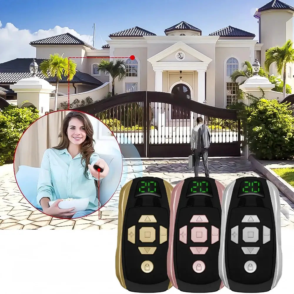Three 20-channel rechargeable garage door remotes in gold, pink, and silver with digital displays.