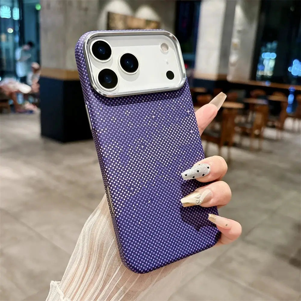 Simples Market Kelvar carbon fiber phone case for iPhone, purple ultra-thin hard cover with magnetic wireless charging