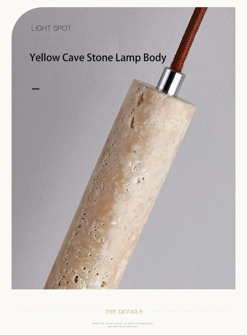 Led pendant lamp with a long stone cylinder body and brown fabric cord