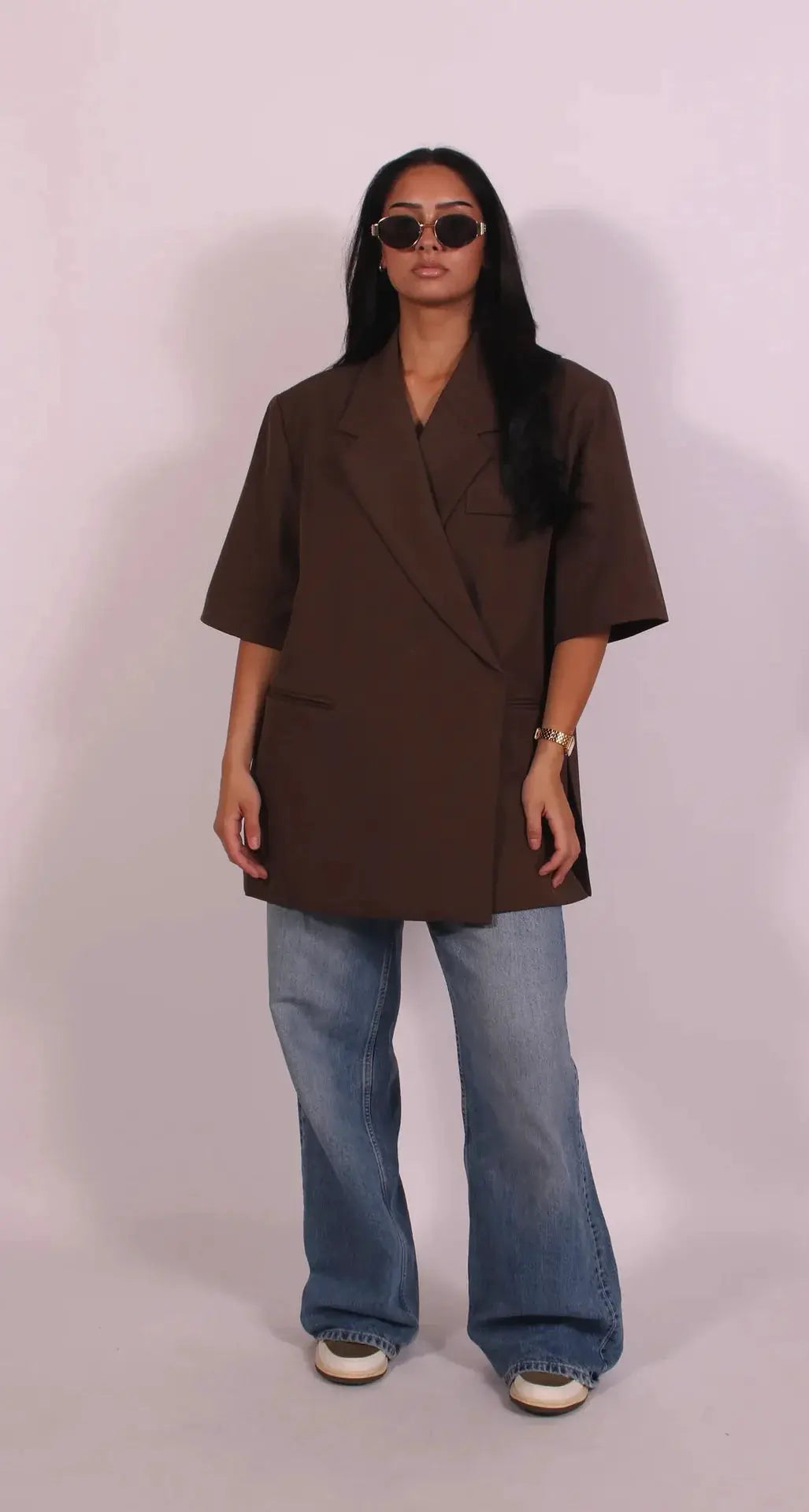 Brown oversized ladies blazer coat with wide lapels