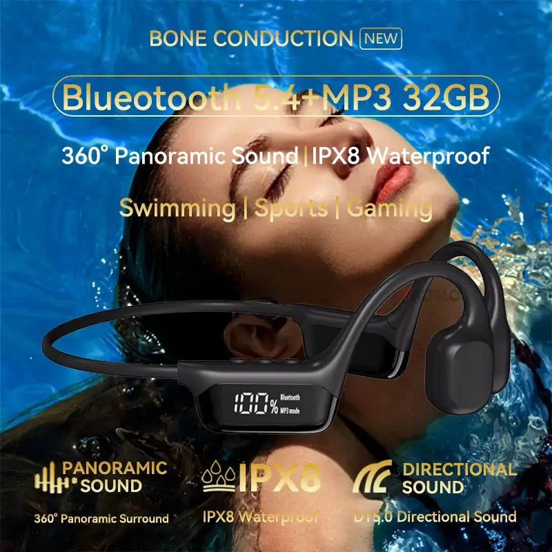 Bone Conduction Earphones IPX8 Waterproof Headset Bluetooth 5.4 Wireless 32GB Storage HiFi Stereo For Swimming