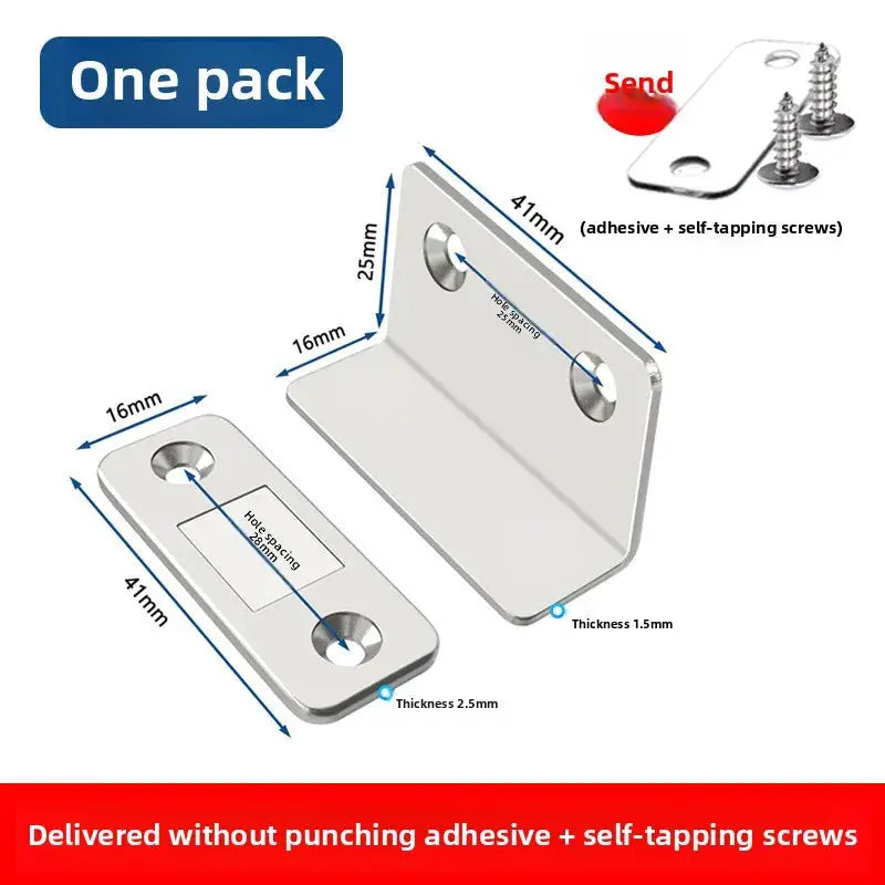 Simples Market L-Type magnetic door closer set with two silver latch plates, screws and adhesive