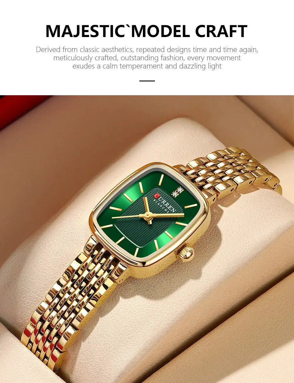 CURRN 9093 women's quartz watch, gold-tone stainless steel bracelet, green dial with diamond markers