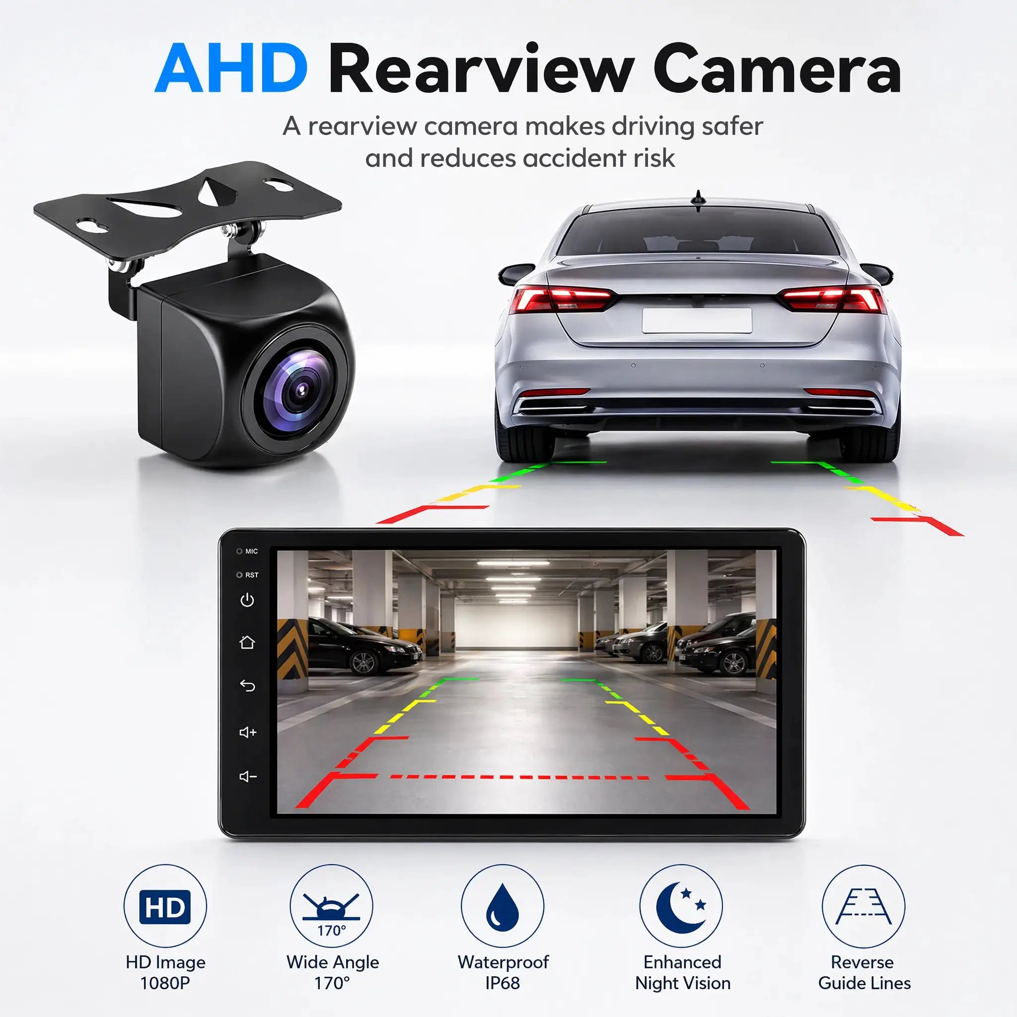 ESSGOO Android 15 wireless CarPlay 2-DIN car stereo with glass touchscreen and rearview camera