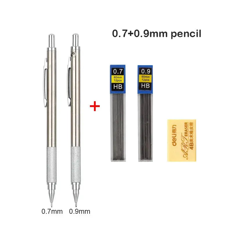 Simples Market full-metal mechanical pencil set with 2 pencils (0.7mm & 0.9mm), 2 HB lead packs, and an eraser