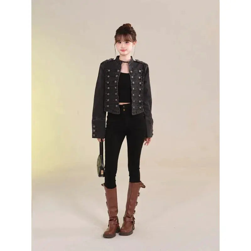 UrbanDenim Women's Short Coat Denim Jacket With Retro Button Design And Stand Up Collar For Slim Fit Autumn Winter Warmth