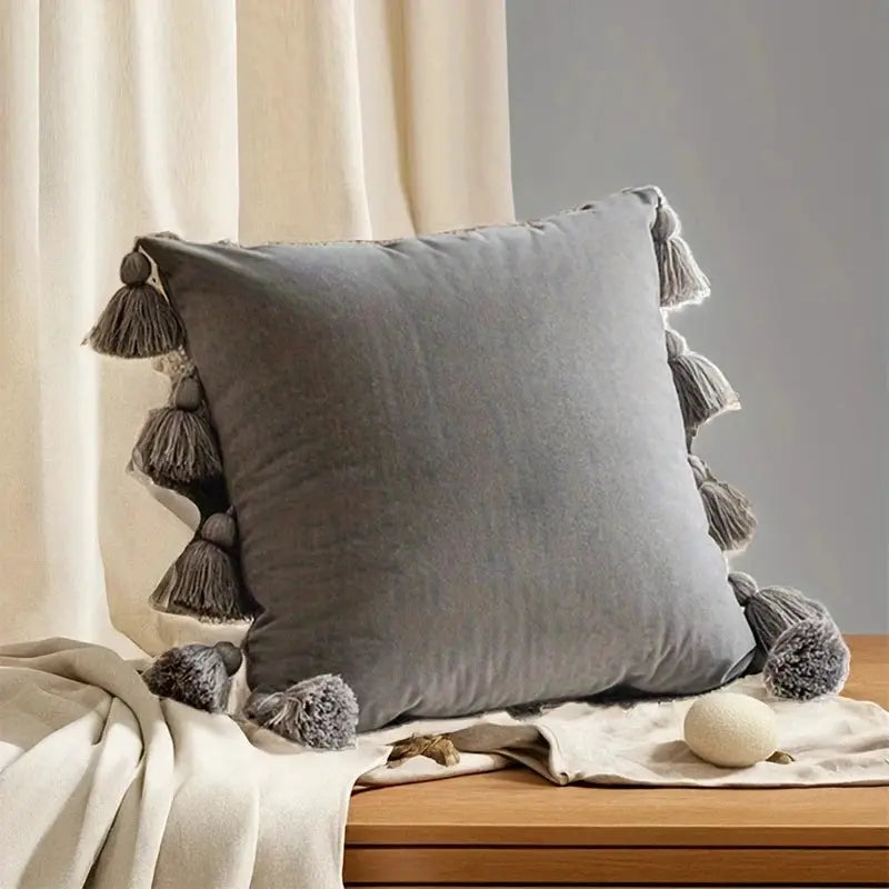Throw pillow cover, gray velvet with tassel fringe, Simples Market boho cushion for couch or bed