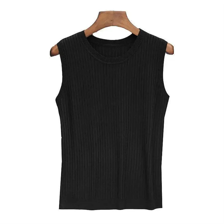 Simples Market black ribbed-knit sleeveless blouse for women with O-neck