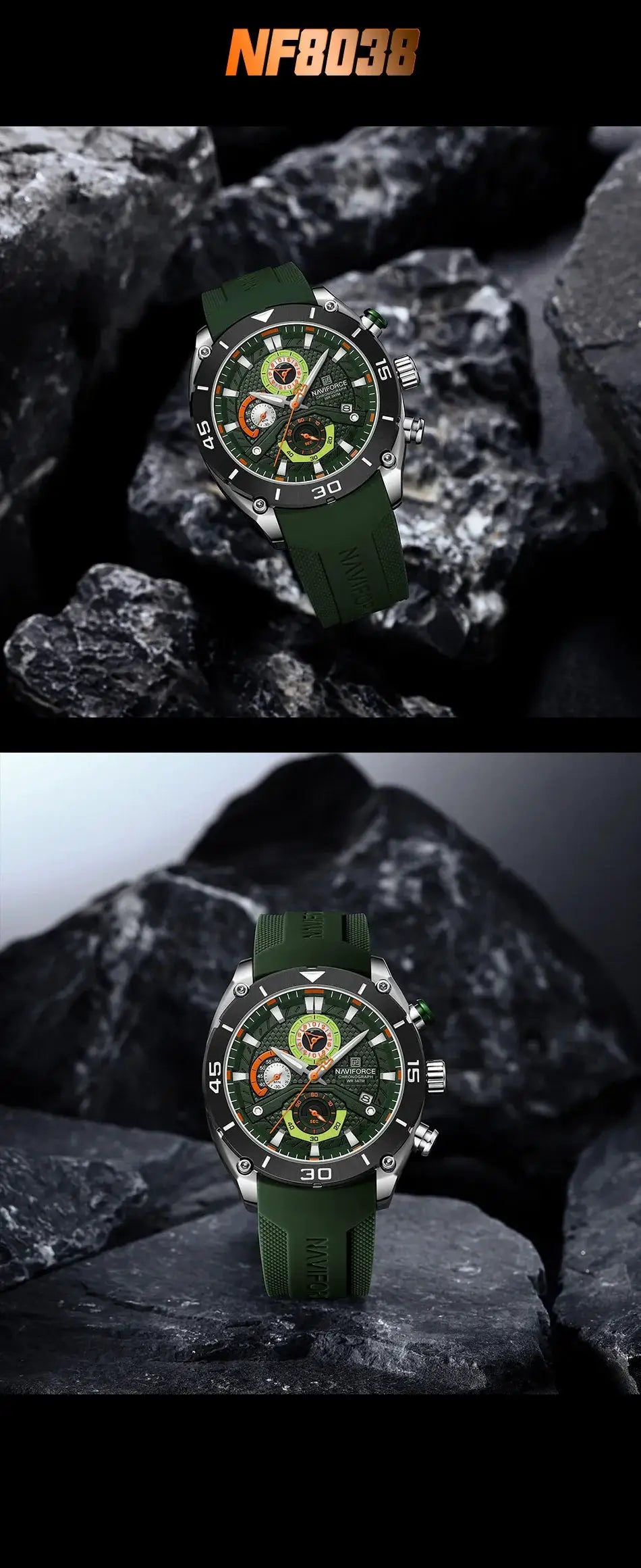 NAVIFORCE men's sport watch with green strap and chronograph