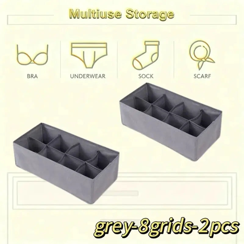 Simples Market grey fabric 8-grid underwear storage boxes set of 2 for drawers, socks and bras