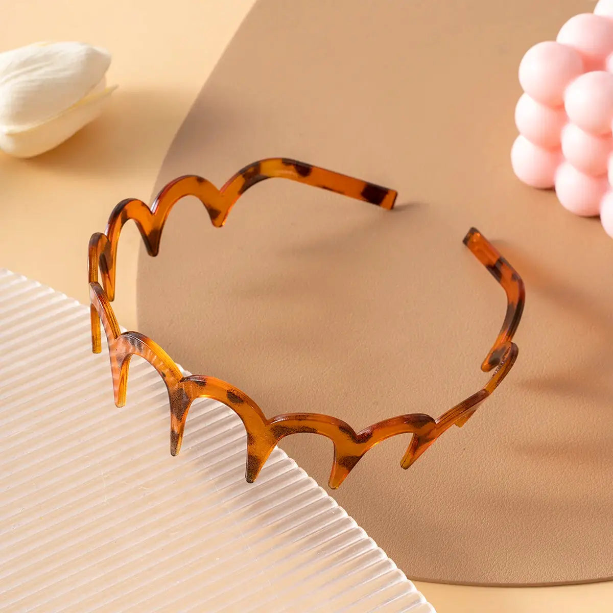 Korean women hair comb headband, orange tortoiseshell plastic U-shape non-slip band with fixed teeth