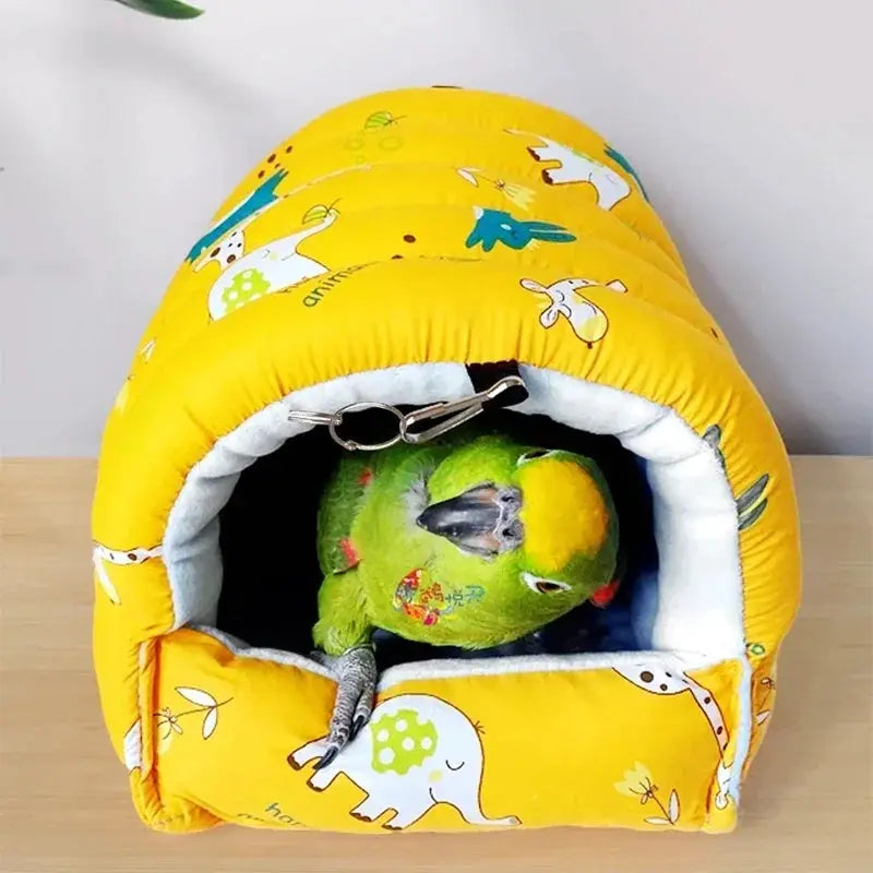 Small animal bed; yellow with cartoon prints, cozy nest for hamsters, guinea pigs or rabbits; green parrot inside