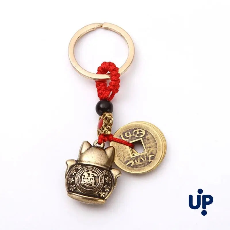 Vintage Pure Handmade Car Keychain Lucky Cat With Five Emperors Coins Maneki Neko Alloy Gold Tone Key Ring