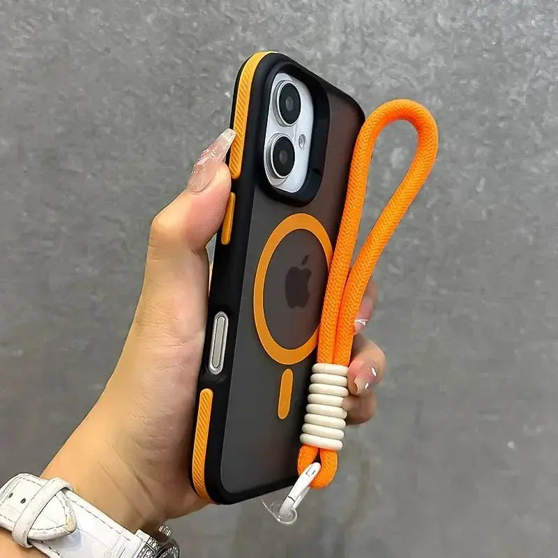 Simples Market MagSafe iPhone case with orange wrist strap; black matte shockproof cover for iPhone 16/15/14/17 Pro Max