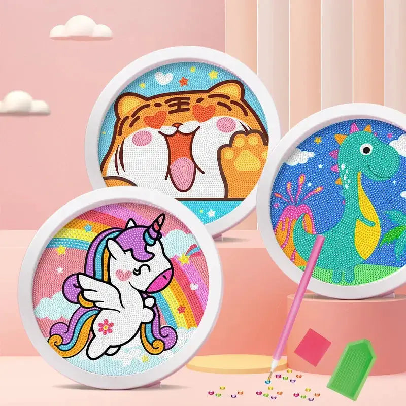 Round Frame Unicorn Diamond Painting Kit For Kids And Teens With Kitten Dinosaurs And Tigers Creative Diamond Art