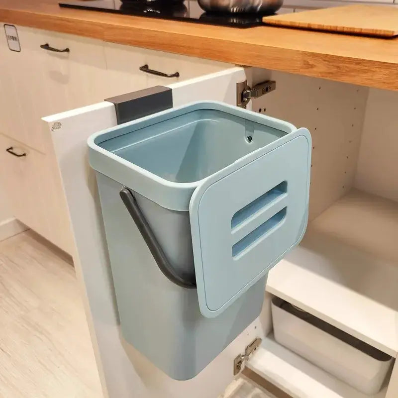 Space-Saving Quiet-Close Trash Can 3/5L, blue plastic under-cabinet sealed bin by Simples Market