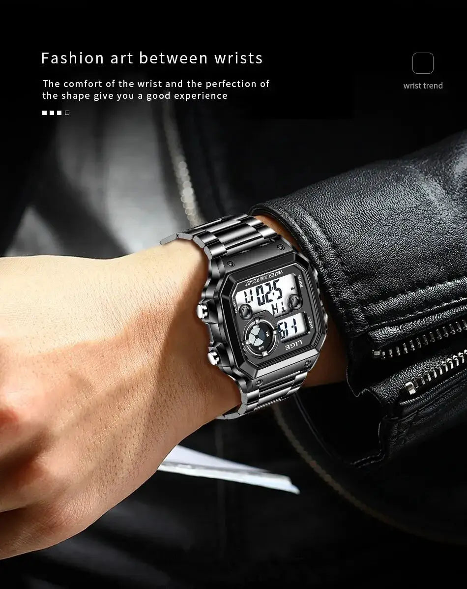LIGE men's digital wristwatch with stainless steel band and black dial