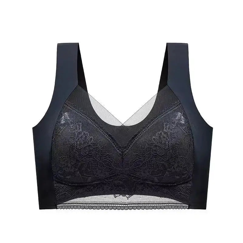 Women's lace bralette from Simples Market in black with satin side panels and sheer mesh neckline