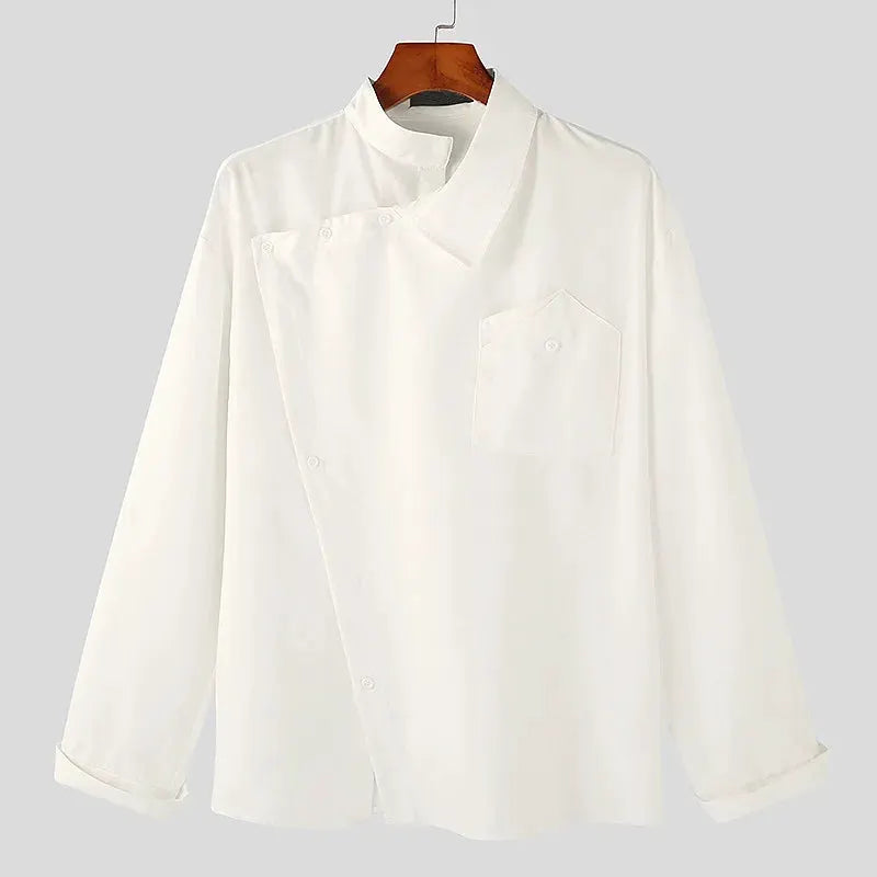 White irregular-design buckle-lapel shirt for men, long-sleeve loose-fit top