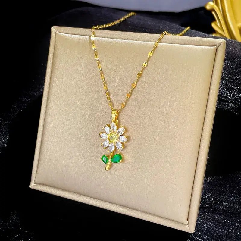 316L Stainless Steel Full Zirconia Flower Pendant Necklace For Women Clavicle Chain Jewelry Gift - Simples Market