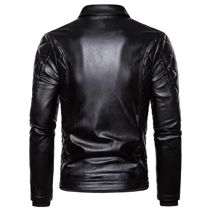 Men's black PU leather biker jacket with quilted shoulder panels, back view