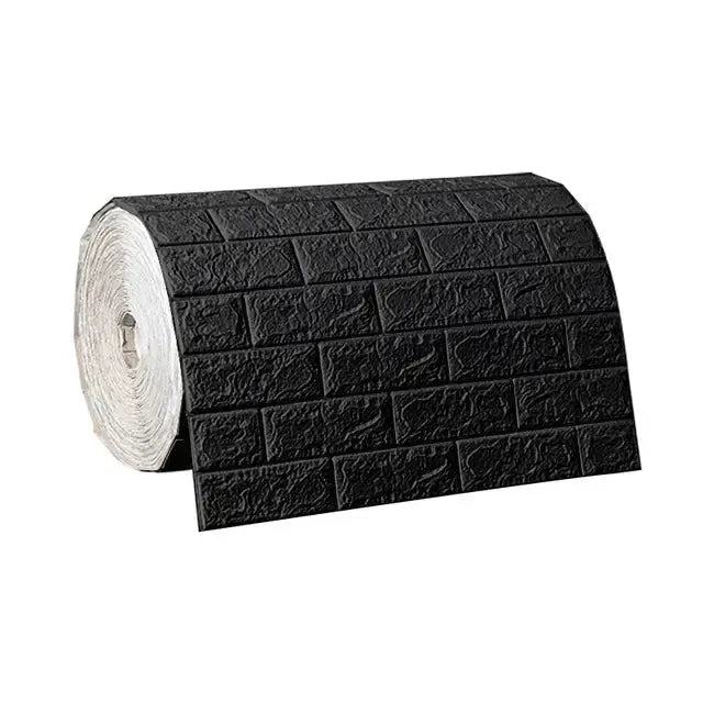 3D foam brick wall panel roll in black; self-adhesive, waterproof wall décor for living rooms