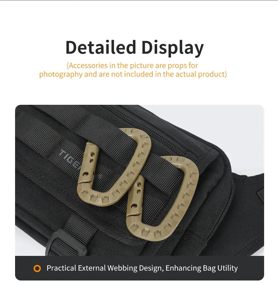 Tigernu men’s chest bag in black nylon with tan D-ring buckles; outdoor sling bag