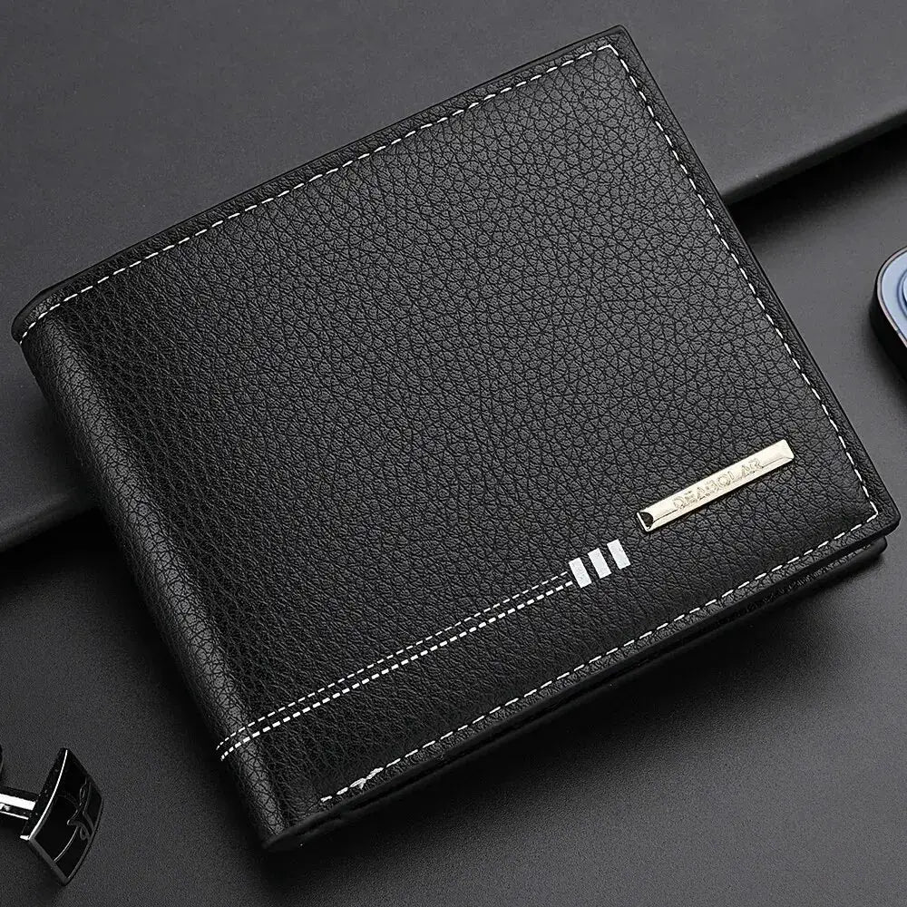Men's lychee-textured black wallet with white stitching and metal plaque