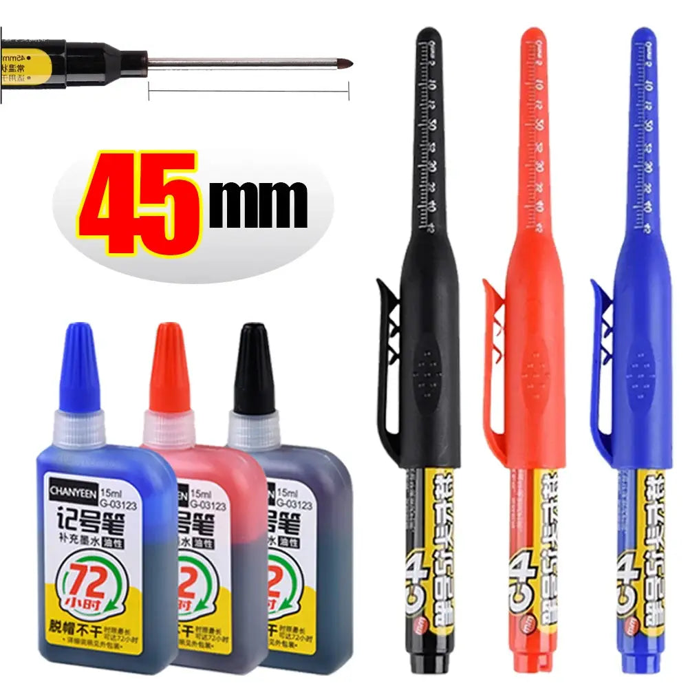 Simples Market set of three 45mm waterproof deep-hole marker pens with long nibs in black, red and blue for woodworking