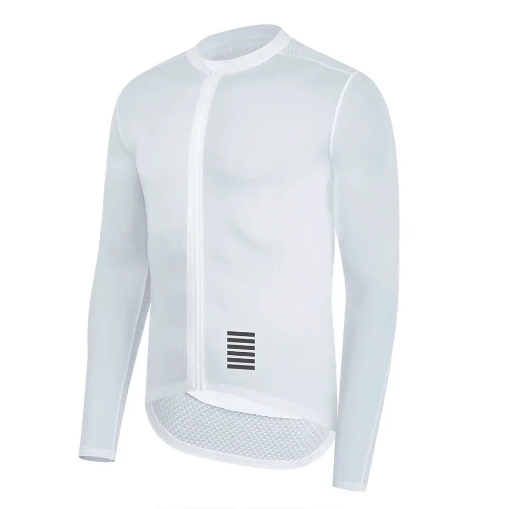 Men's white long-sleeve cycling jersey by Simples Market with full-length front zipper and mesh back panel