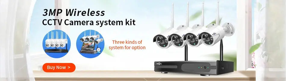 Hiseeu wireless CCTV camera system kit with five white cameras and a DVR base