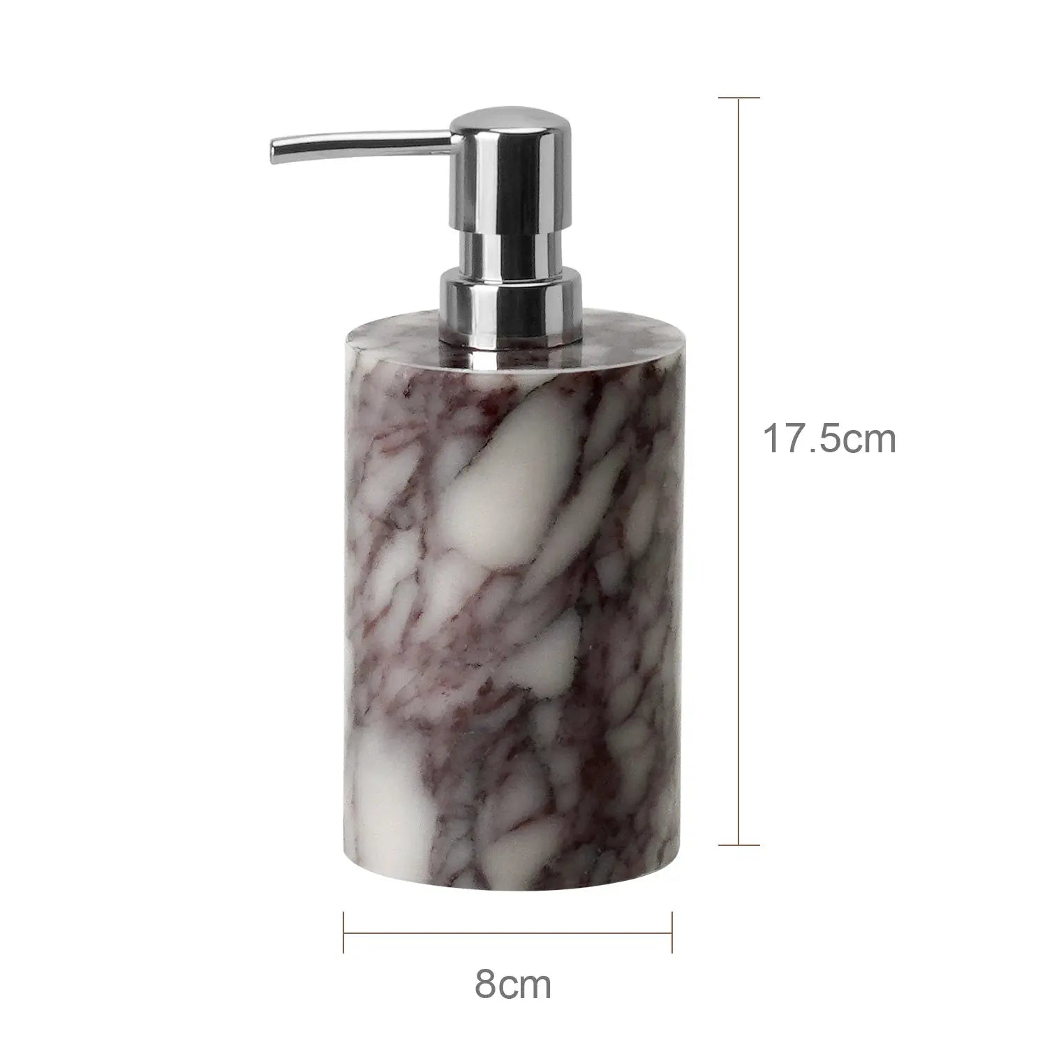 Calacatta Viola marble soap dispenser by Simples Market with chrome pump, cylindrical body, 17.5 cm tall.