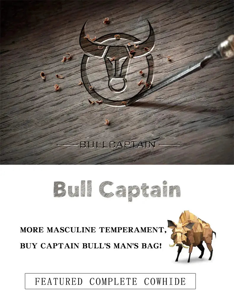 BullCaptain wallet branding image on a wood background featuring logo, bold typography, and a cowhide banner.