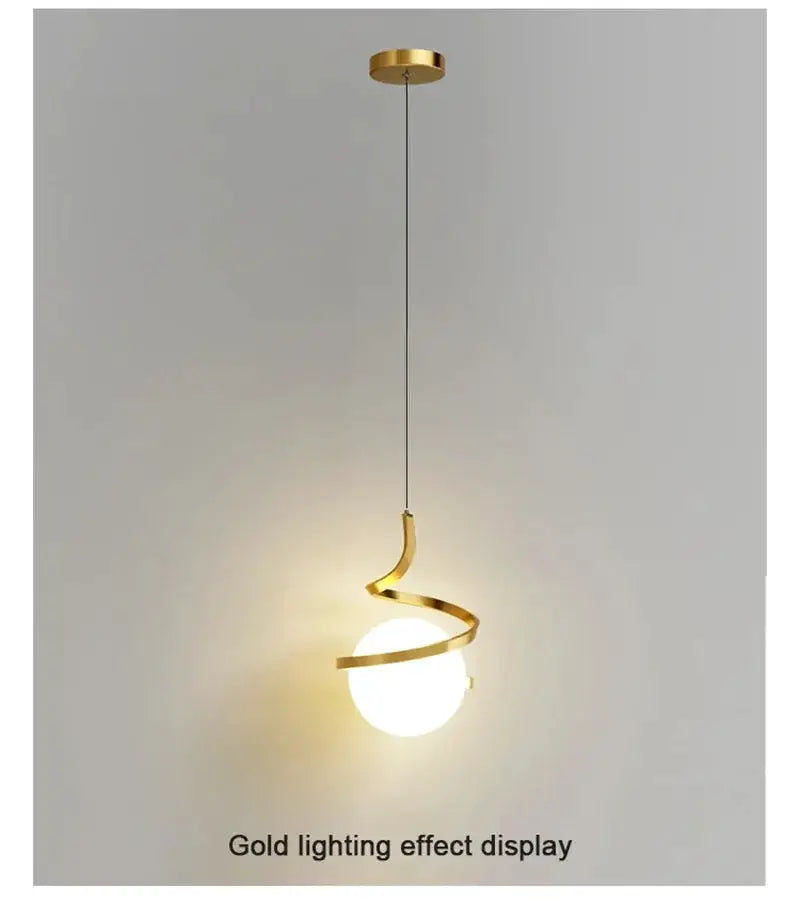 Nordic LED pendant light with gold spiral metal frame and white globe bulb, by Simples Market