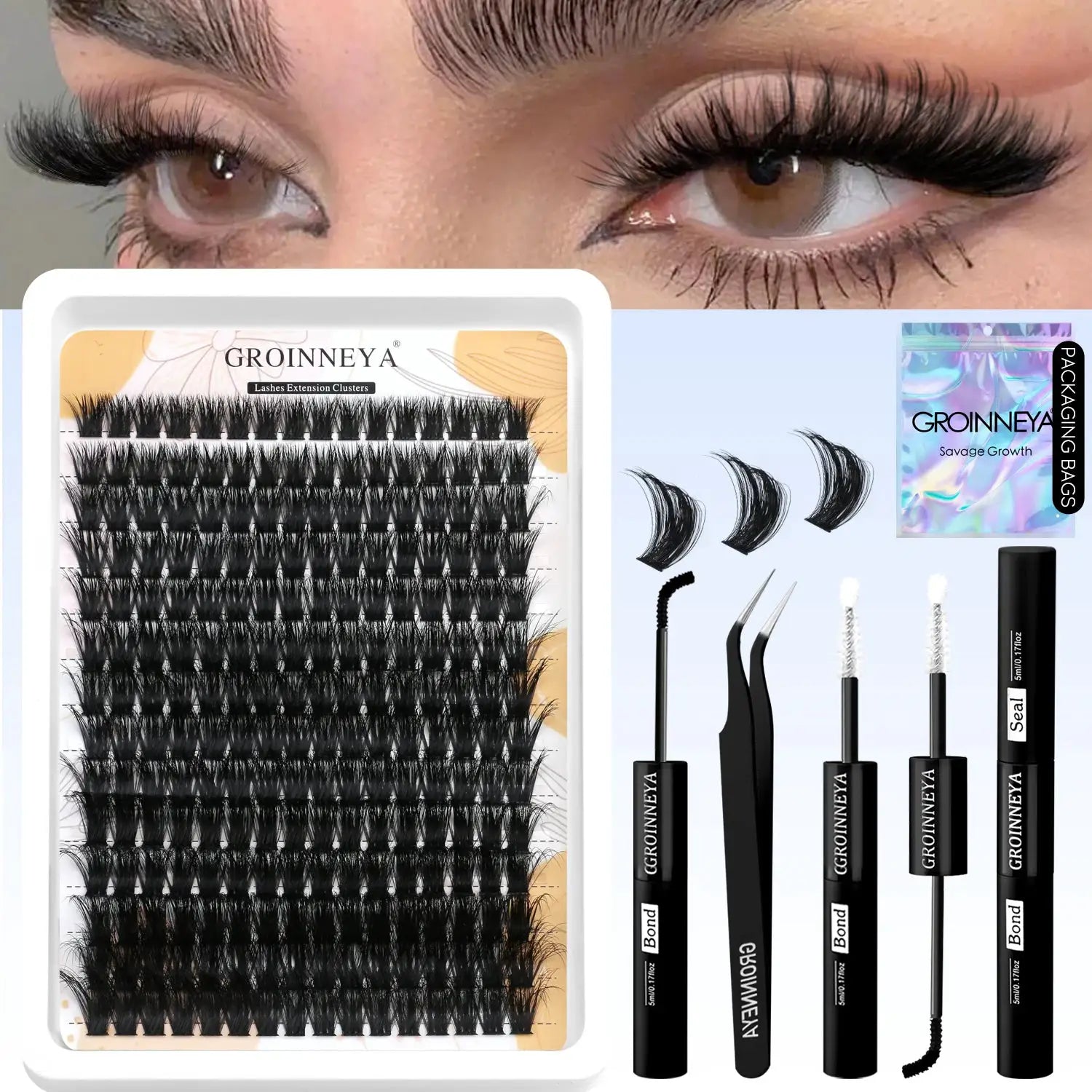 GROINNEYA Lash Clusters Kit Waterproof Strong Hold DIY Lash Extension Kit Bond And Seal Eyelash Tweezers Makeup