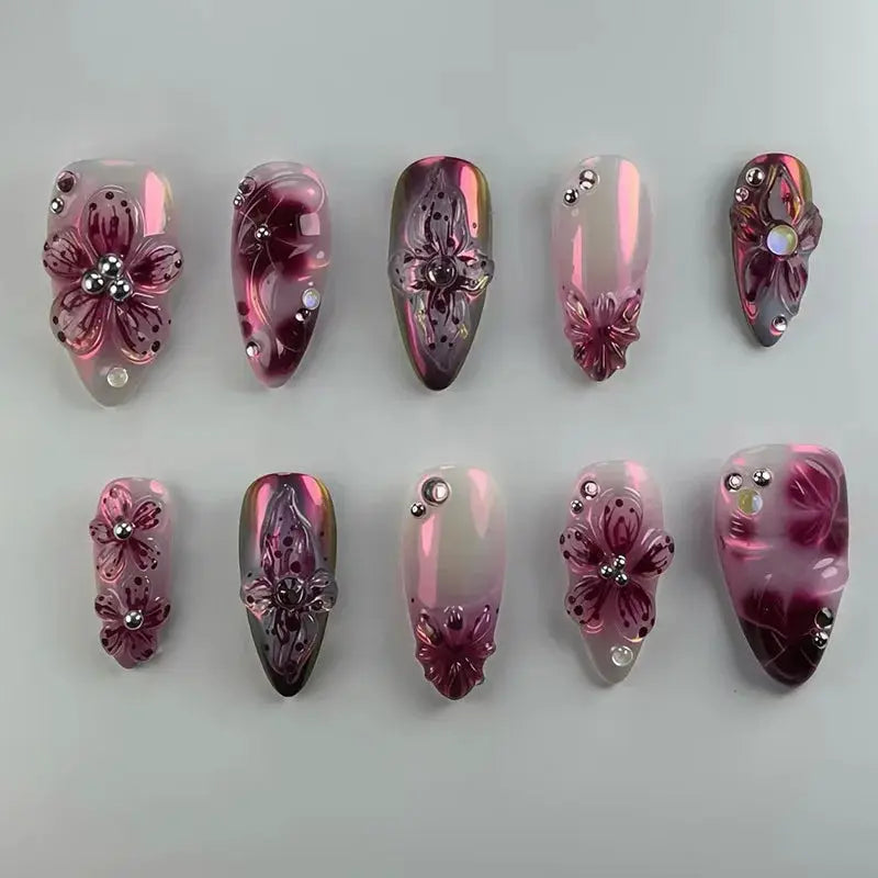 Spicy Girl Flower Print Press On Nails 24Pcs Wine Red Blush Almond Wearable Reusable False Nail Tips For Summer