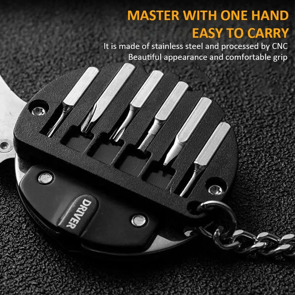 Multifunctional keychain screwdriver hex coin EDC tool; black round case with hex bits and chain