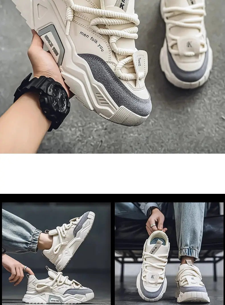 Men's casual sneakers by Simples Market, cream and gray low-top skate shoes for outdoor sports