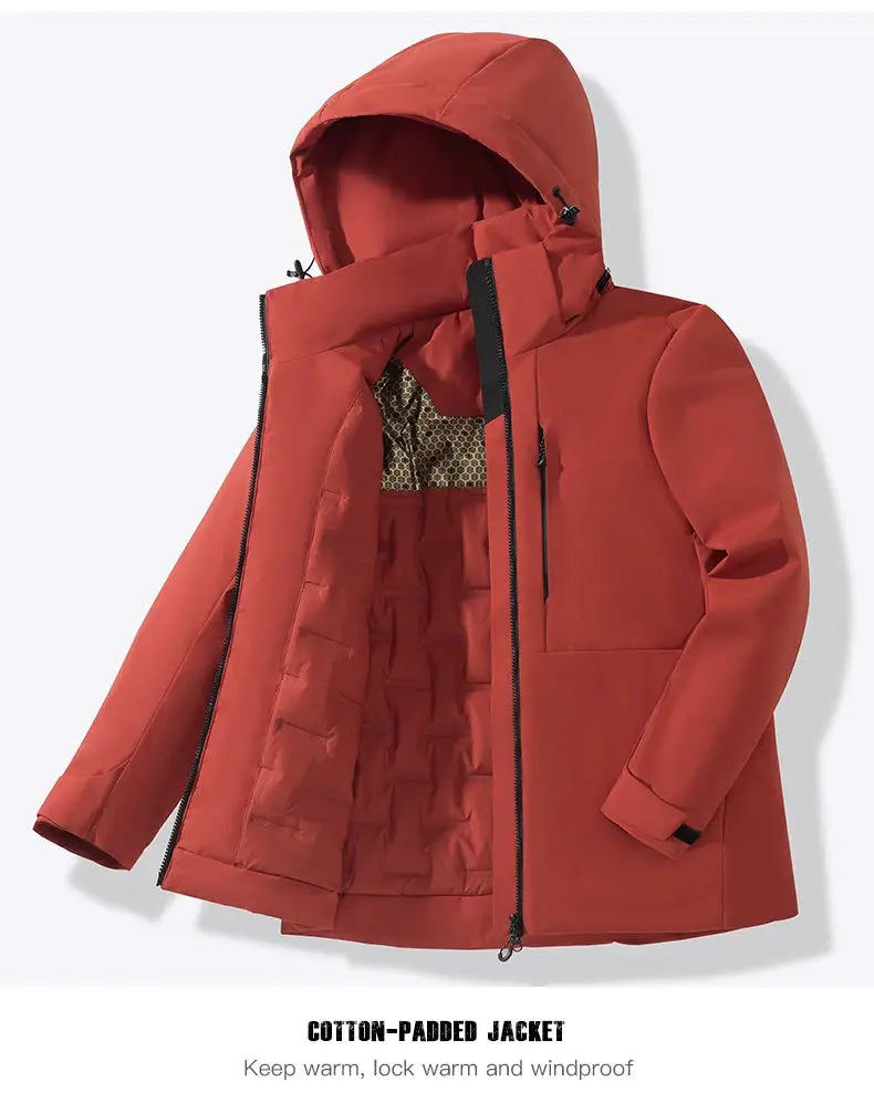 JNLN Unisex Waterproof Fleece Jacket brick red, windproof hooded windbreaker with front zip