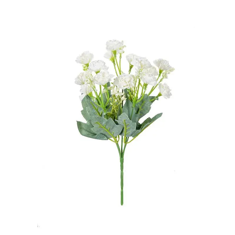 Artificial white carnation bouquet by Simples Market, 5 stems with 15 heads and green leaves