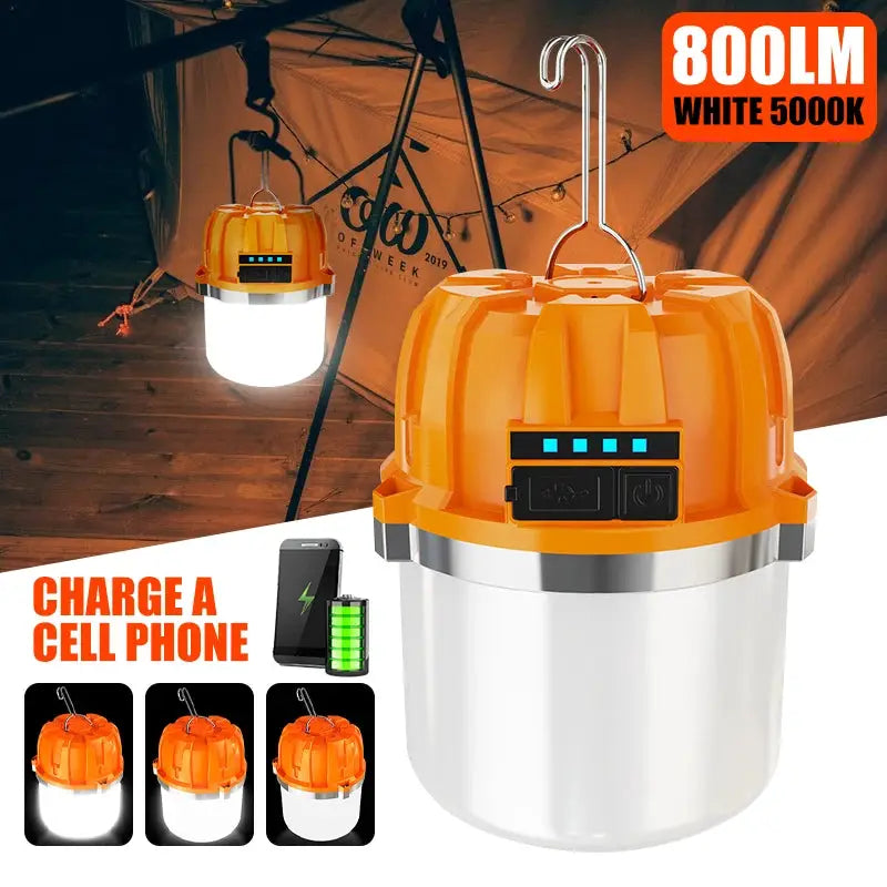 Simples Market 500W LED camping lantern, orange USB rechargeable with power display for outdoor use.