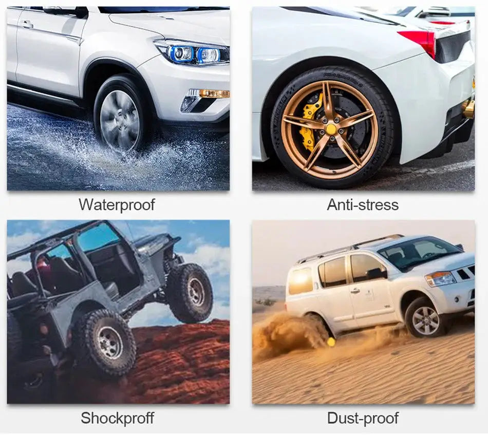 Car TPMS sensor system with four feature panels: waterproof, anti-stress, shockproof, dust-proof.
