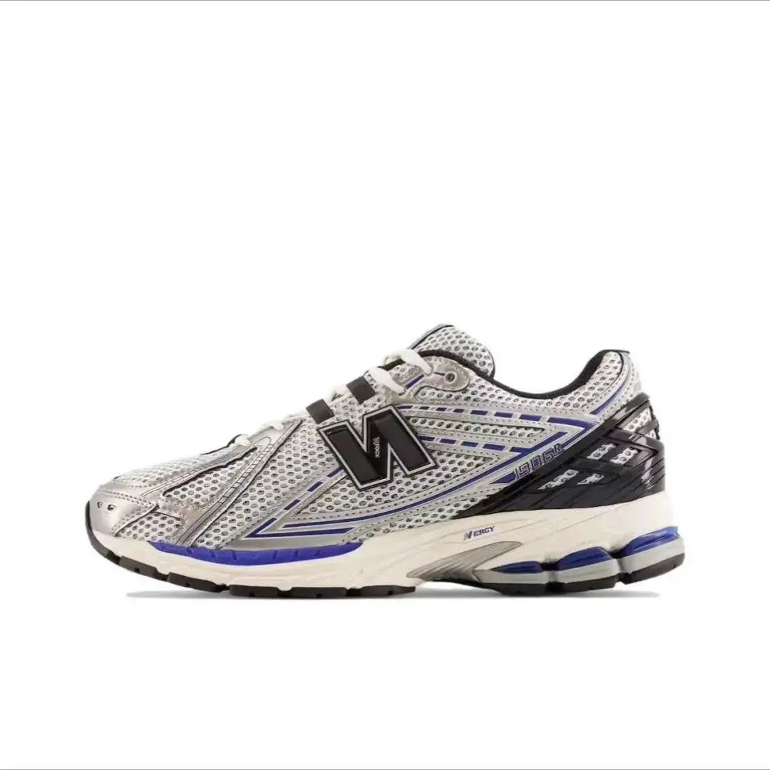 Unisex 1906R retro running shoe by Simples Market, breathable white-gray mesh with blue detailing.